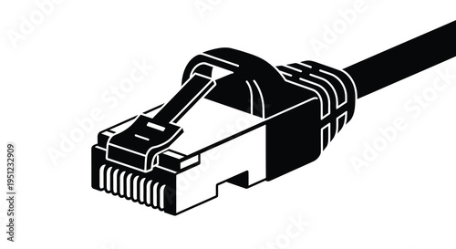 A stark black and white illustration depicts a close up view of an rj45 ethernet cable connector high quality professional detailed modern