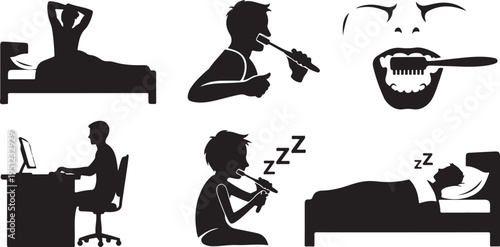 Daily Routine Silhouettes of People Sleeping and Brushing Teeth
