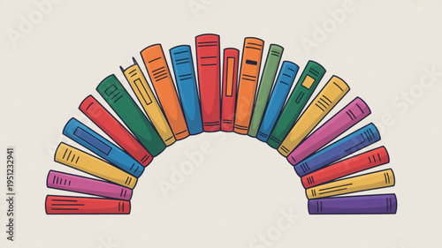 Colorful stack of books arranged in an arc representing knowledge and education ideal for learning or library concepts