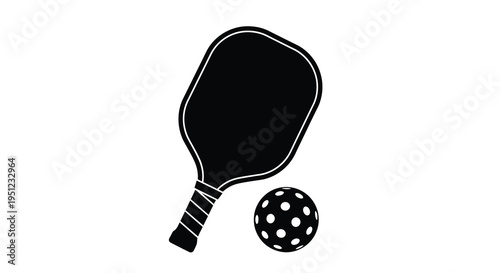 A simple black and white illustration depicts a paddle and ball commonly used in the rapidly growing sport of pickleball