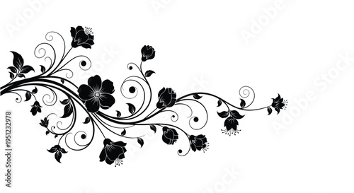 A flowing black floral arrangement depicts delicate blossoms and swirling vines against a stark white background high quality professional