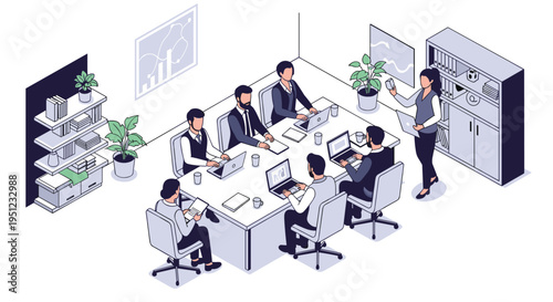 Professional corporate team conducting a strategic meeting around a conference table in a modern isometric office workspace.