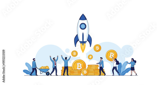 Successful cryptocurrency startup launch concept with a rocket taking off from gold bitcoin coins while people celebrate.