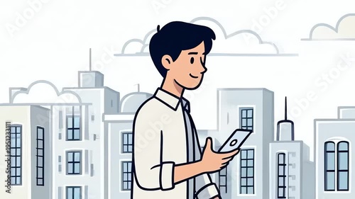 Man Using Smartphone in City - Cartoon Style Animation.