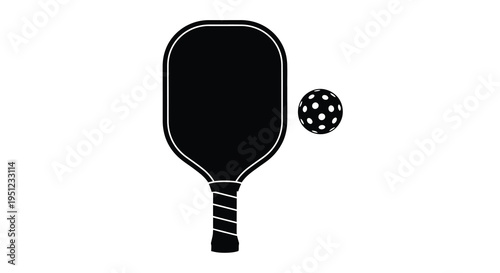 A stark black and white illustration depicts a pickleball paddle and ball showcasing equipment for the popular racquet sport high quality