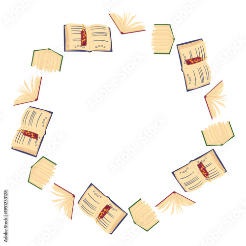 Round frame with opened books and vintage pages. Poet core. Writer aesthetic. Vector hand drawn template with copy space for bookstore, bookshop, library, postcard, poster, invitation, book club