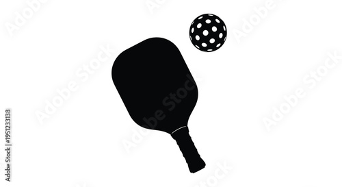 A stark silhouette depicts a black pickleball paddle positioned below a similarly dark pickleball suggesting active gameplay high quality