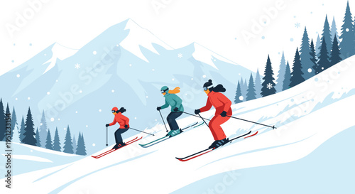 Active group of skiers descending a snowy mountain slope during winter vacation with a beautiful scenic forest background.