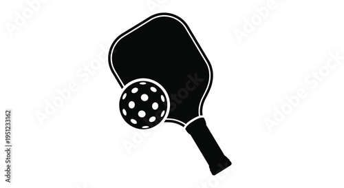 A simple black and white illustration depicts a pickleball paddle and accompanying perforated ball showcasing the sport high quality professional detailed