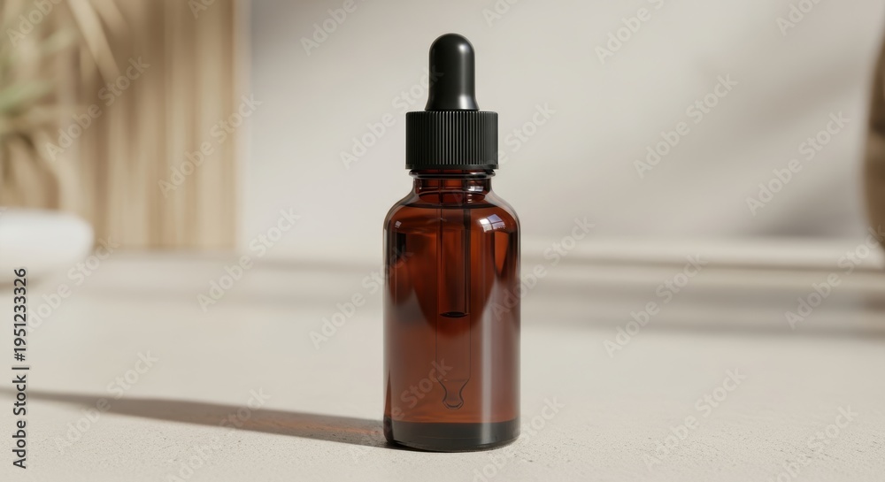 Fototapeta premium Amber dropper bottle on minimalist background with natural light and shadows