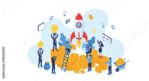 Innovative startup team collaborating to launch a business rocket from stacks of gold coins for achieving financial success.