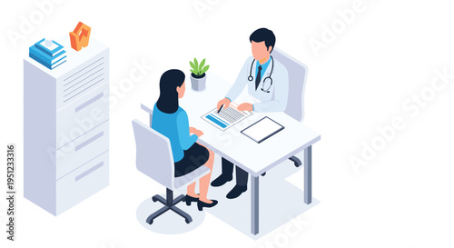Male physician providing professional medical consultation to a female patient at a desk in a modern healthcare clinic room.