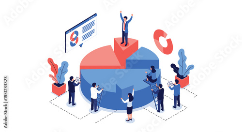 Team of professionals collaborating to analyze and build a giant interactive pie chart for advanced business data visualization.