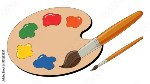 Artists wooden palette with colorful blobs of paint and brushes illustration for art and creativity concepts isolated on white
