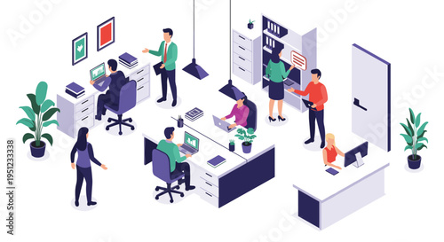 Busy isometric office interior showing diverse employees engaged in computer work, internal discussions, and office tasks.