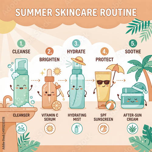 Educational summer skincare routine infographic featuring cute beauty characters. 5 steps: cleanse, brighten, hydrate, protect and soothe. Vector illustration