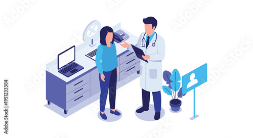Physician explaining complex medical test results or a diagnosis to a patient in a modern clinical laboratory environment.