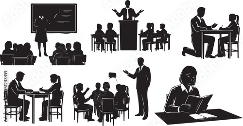 Business People Working in Office Settings Silhouette Vector Illustrations