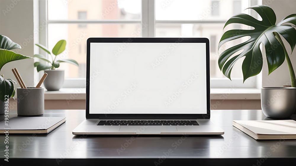 Fototapeta premium Modern workspace featuring laptop computer on desk with plants and natural light