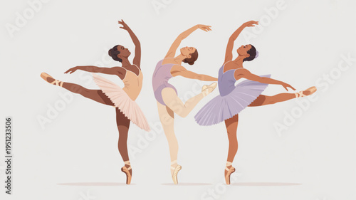 Three diverse ballerinas in graceful poses performing classical ballet dance isolated on a light background vector illustration for artistic projects