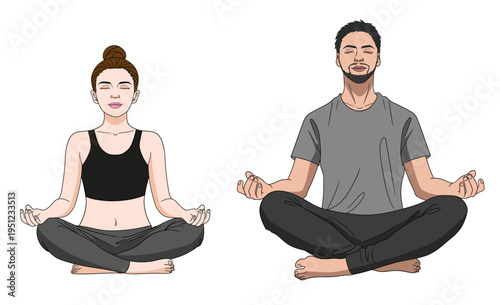 Woman and man doing yoga sukhasana pose in vector.
