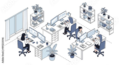 Shared isometric workspace featuring female employees working at computers in a plant filled modern office environment layout.