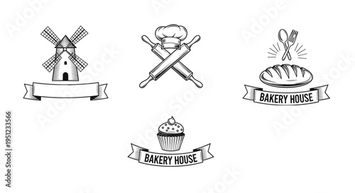 Collection of four vintage style bakery house logos featuring bread, cupcakes, windmills, and professional baking tools.