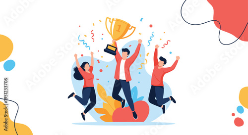 Successful group of friends or colleagues celebrating a big win with a large gold trophy and colorful party confetti shower.