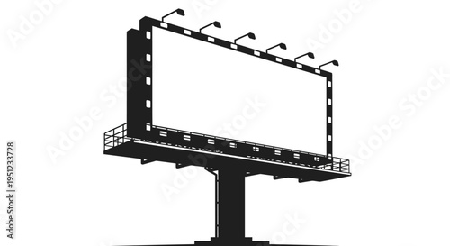 A stark black silhouette of a large roadside billboard stands against a pure white background offering blank space