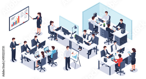 Large isometric office interior showing diverse employees working at desks and collaborating while wearing protective masks.