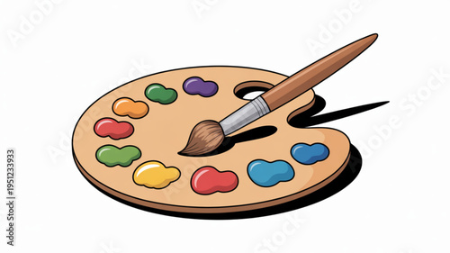 Artists wooden palette with colorful paints and a brush illustration for art and creativity concepts isolated on white background
