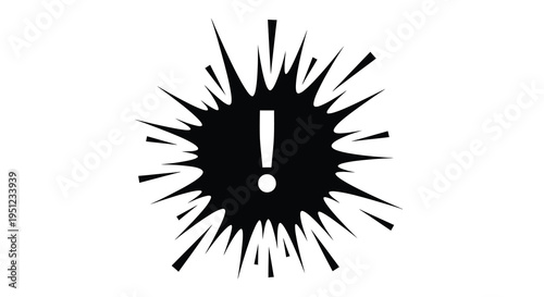 A stark black graphic depicts an explosion or burst emanating from a central exclamation point high quality professional detailed