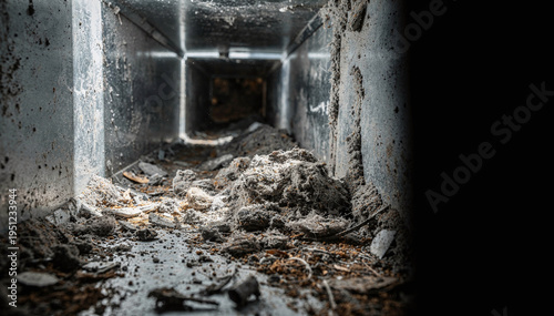 Close-up view of an extremely dirty and neglected air duct interior, showcasing a thick accumulation of dust, debris, and grime in a dark, grimy environment