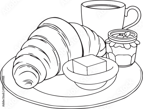 Continental breakfast (croissant, butter, jam, coffee) Hand-drawn Sketch Drawing Vector Illustration, Line Linear Symbol Black and White Engraving, Isolated