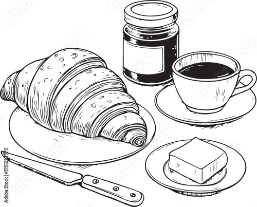 Continental breakfast (croissant, butter, jam, coffee) Hand-drawn Sketch Drawing Vector Illustration, Line Linear Symbol Black and White Engraving, Isolated