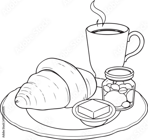 Continental breakfast (croissant, butter, jam, coffee) Hand-drawn Sketch Drawing Vector Illustration, Line Linear Symbol Black and White Engraving, Isolated
