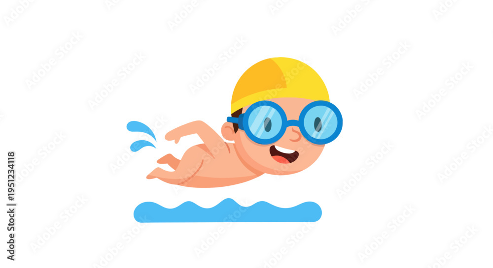 Obraz premium Cartoon child swimming in water.