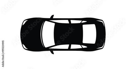 A stark black and white overhead view depicts a modern sedan vehicle showcasing its streamlined silhouette and roofline high quality professional