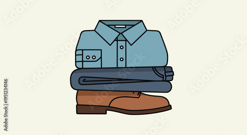 Stack of mens clothing and shoes.