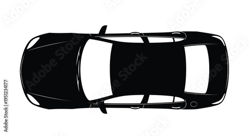 A minimalist black and white depiction of a modern sedan viewed directly from above showcasing its sleek form high quality professional