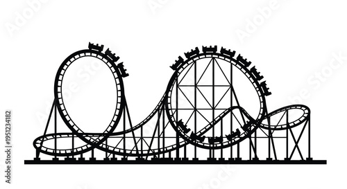 A black and white vector illustration depicts a complex rollercoaster with looping tracks and several cars high quality professional