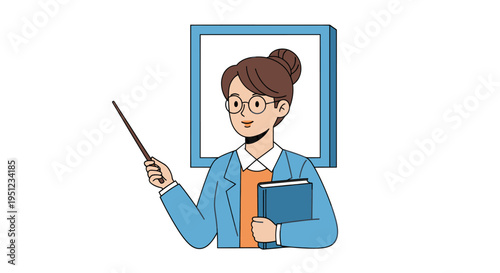 Woman teacher holding books and pointer.