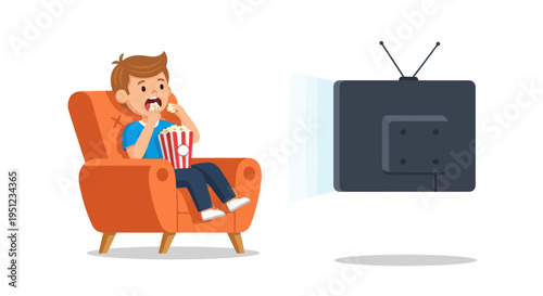 Man sitting on armchair eating popcorn.