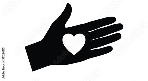A simple black silhouette depicts an open palm cradling a white heart symbolizing care affection and generosity high quality