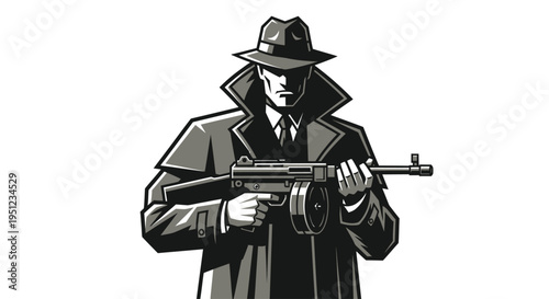 Man in trench coat holding gun.