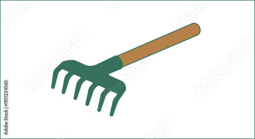 Green garden rake with wooden handle.
