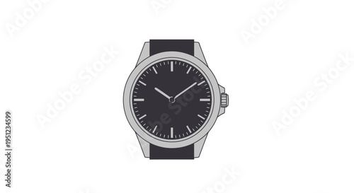 Modern silver watch with black face.