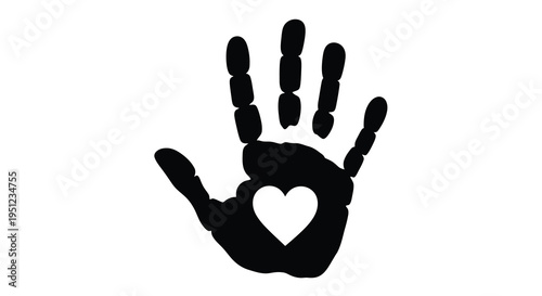 A striking black silhouette of an open hand features a white heart shaped void within the palm high quality professional