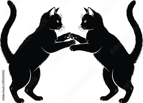 Black silhouette illustration of two standing cats touching paws, mirrored feline confrontation or playful fight, domestic pet vector design isolated on light background