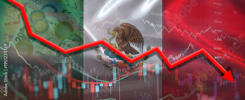 Mexican financial crisis on economic graph. Financial fall of Mexico on economy market background